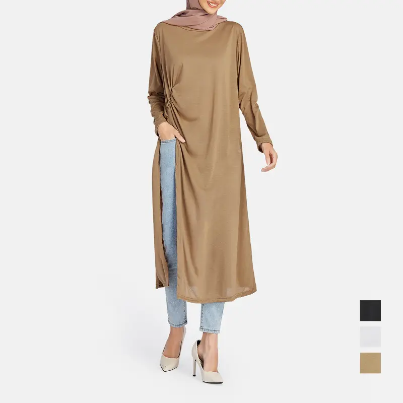 Elegant Basic Dresses Maxi Modest Blouse For Muslim Women Sexy Solid Color Long Sleeve Sweatshirts Slit Pullovers Shirt Dress