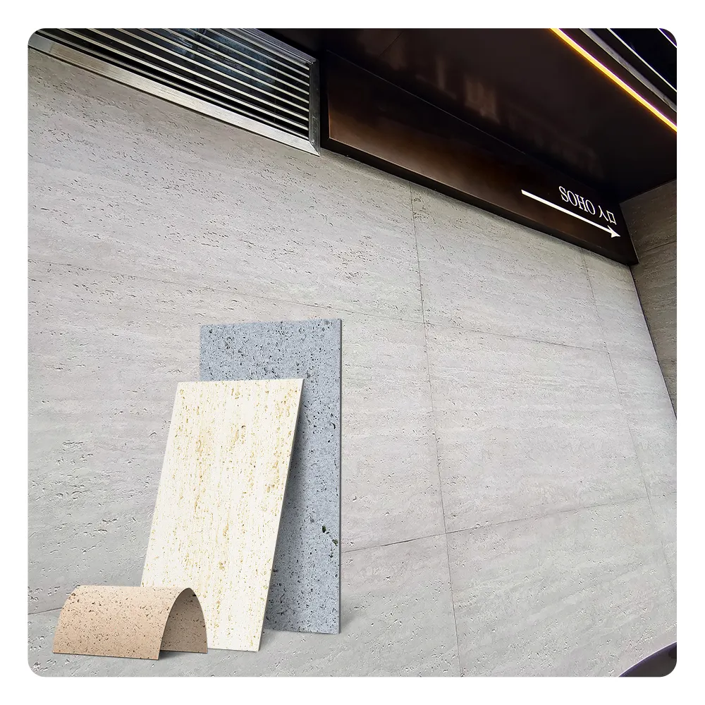 Panel dinding 600*1200mm, kualitas baik MCM ubin batu fleksibel untuk dekorasi dinding eksterior travertine pabrik