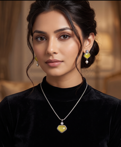 DIVYORO Minimalist Geometric Pendant <b>Necklace</b> & Earring Set Yellow Stone Oxidized Finish Designer <b>Statement</b> Engagement Jewelry - Product Image 4