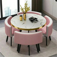 Ensemble table ronde et 4 chaises, plateau en pierre frittée, cadre métallique à bord doré, réception, bureau, loisirs, style nordique, luxe léger, maison