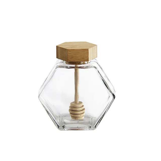 200ml 350ml Honeycomb Shape Hexagonal Glass Honey storage Pot Jar with Wooden Dipper and Bamboo Lid