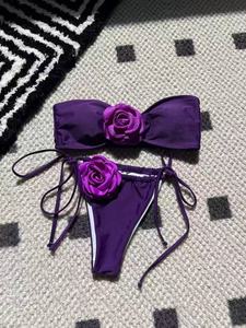 En stock – Ensemble bikini brésilien 2 pièces asymétrique à une épaule, motifs léopard et à carreaux, décoration florale 3D, en mousseline de soie - Product Image 2
