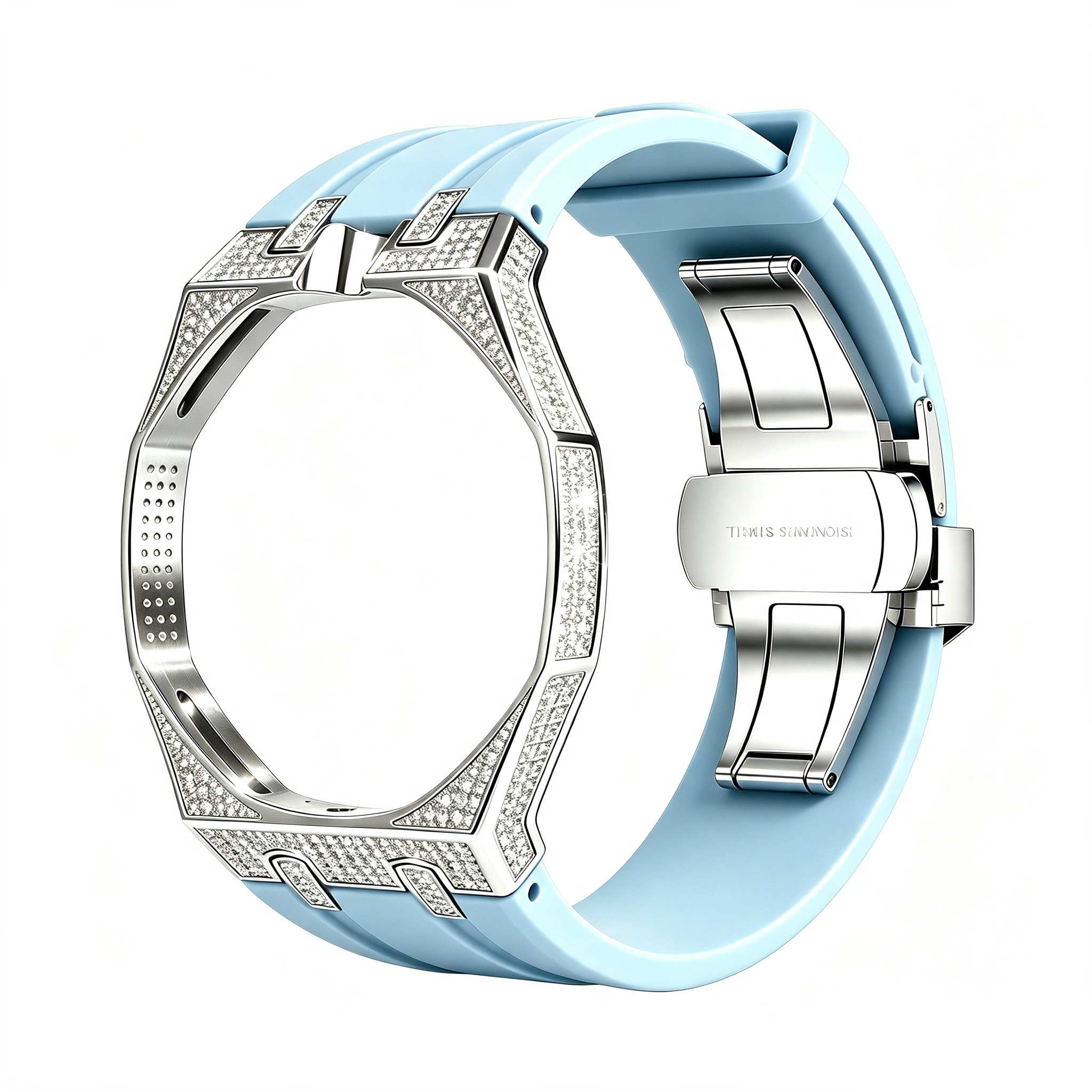 Bague argentée, diamant, bleu clair, position 12 heures.
