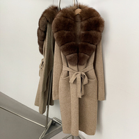 OFTBUY Strickjacke mit Naturpelzkragen, Neue Herbst-Winter-Kollektion, Damen Lange Weiche Fuchspelz-Strickjacke, Damenmantel