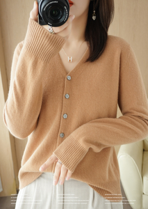 เสื้อแจ็คเก็ตคาร์ดิแกนคอวีแขนยาวสำหรับผู้หญิง, เสื้อกันหนาวถักใหม่สำหรับฤดูใบไม้ผลิ M-2XL - Product Image 5