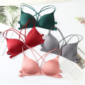 Solid Color Sexy Push-Up Front Closure <b>Wire</b> Free Breathable Woven Seamless Comfortable Anti-Bacterial Eco-Friendly Sling Bra - Product Image 6