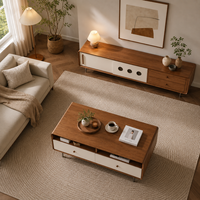 Ensemble table basse et meuble TV en marbre beige crème, structure en bois massif, écologique, durable, plateau surdimensionné, mobilier moderne pour salon