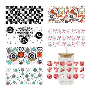 Envoltura UV DTF para latas de vidrio de 16 oz con diseños de tablero de ajedrez, dados y dibujos animados, y pegatinas UV DTF de vaquera del oeste - Product Image 1