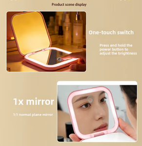 Square Led Portable Touch Screen Cute Makeup <strong>Mirror</strong> <strong>Vanity</strong> With Lights Pocket Make up Hand <strong>Mirror</strong> pink Solid Color Minimalism - Product Image 4