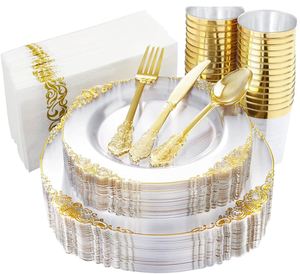 Service de table jetable de luxe en plastique gaufré or pour 10 invités avec assiettes, couverts, gobelets et serviettes pour mariage et réceptions - Product Image 1