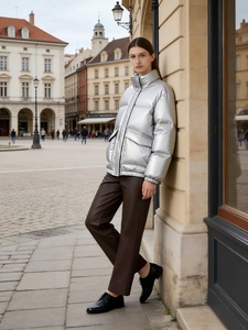 LOVEXUAN – Veste courte matelassée élégante en PU argenté brillant avec rembourrage en <span class=keywords><strong>duvet</strong></span> <span class=keywords><strong>d</strong></span>'<span class=keywords><strong>oie</strong></span> et col montant, approuvée par les marques, prix <span class=keywords><strong>d</strong></span>'usine - Product Image 2