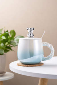 Cangkir air beruang Teddy, cangkir kopi kantor keramik tahan panas dengan sendok tutup kualitas tinggi - Product Image 3