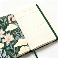 Journal personnalisé à couverture rigide A5 avec motif floral, bande élastique, marque-page en ruban, agenda annuel 2027