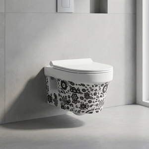 WC mural intelligent en céramique sans rebord, imprimé style rétro moderne, taille standard, gris, sanitaires EWC - Product Image 1