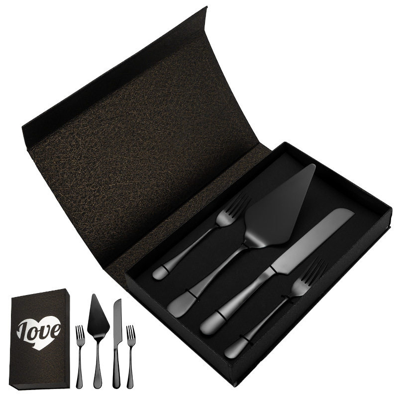 Ensemble couteau à gâteau noir, spatule et fourchette (4 pièces)