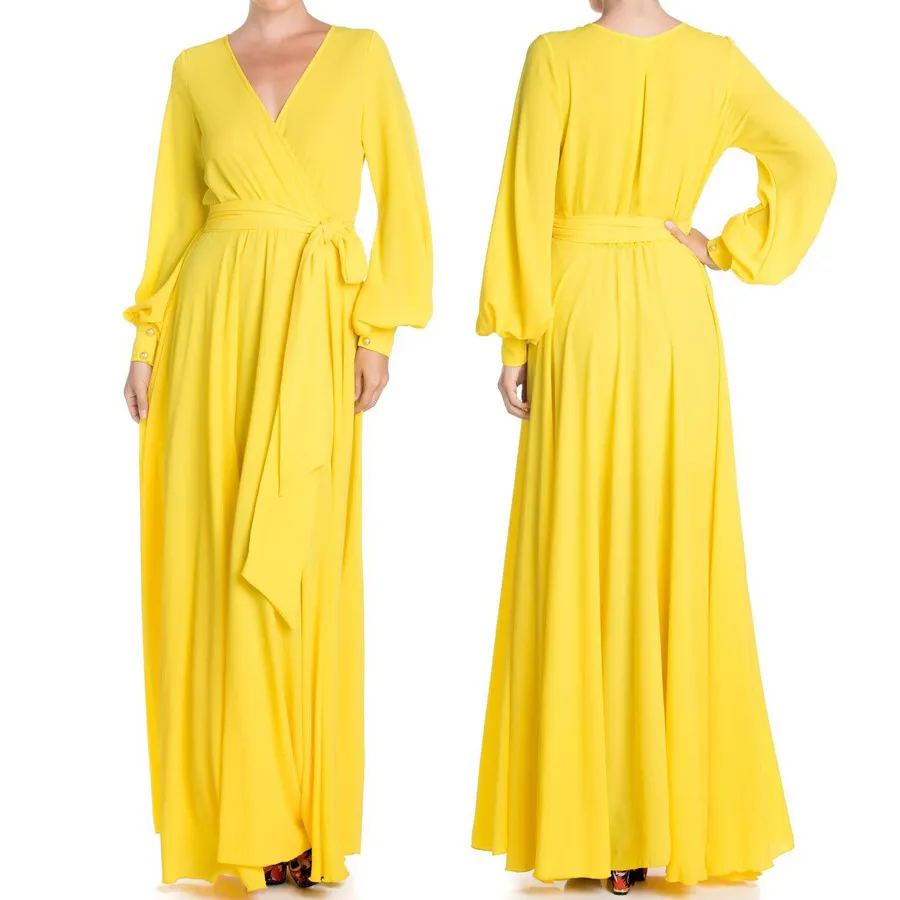 Belle conception en gros personnalisée Style nouvelle fête Maxied Simple plaine jaune dames décontracté bureau Sexy robe de soirée