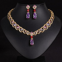 Set Perhiasan Kalung dan Anting Mewah untuk Pengantin, Berhiaskan Zirkonia Ungu Potongan Pir dengan Tataan Mikro Pave dan Rantai Melengkung, Cocok untuk Acara Malam, Pesta Prom, dan Kontes Kecantikan, dari Supplier Perhiasan