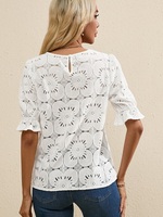Chemise de créateur personnalisée Chemise en mousseline à volants de couleur unie, col rond, haut jacquard creux à manches trois-quarts Blouses et chemises pour femmes