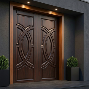 Puerta Doble de Entrada Moderna de Madera Sólida con Diseño Circular, Acabado Manual para Exteriores, para Villa - Product Image 1