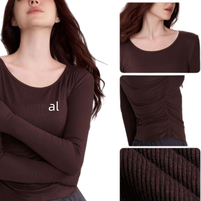 Newly Designed AIL Spring and Autumn Women's Round Neck Yoga Top with Pleated Slim Fit, Long Sleeved Pilates Running Yoga Suit