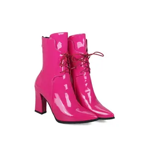 Новое поступление, женские ботильоны на высоком каблуке, зимняя теплая Женская Классическая обувь на шнуровке с острым носком, черные, розовые, белые модные ботинки для девочек