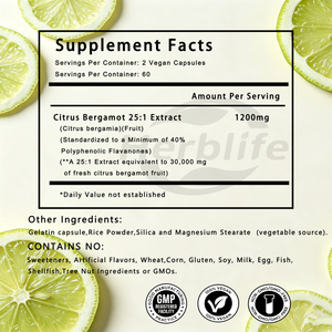 Cápsulas de Extracto de Bergamota Cítrica de Marca Privada OEM, Suplemento para la Salud del Corazón, Apoyo Inmunitario y Antioxidante, 1200 mg por Porción - Product Image 2