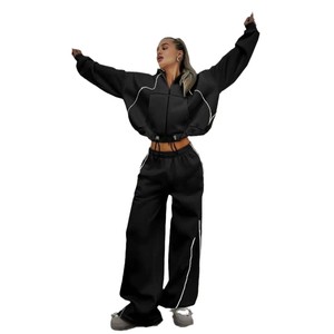 Conjunto de Dos Piezas de Ropa para <span class=keywords><strong>Mujer</strong></span>, <span class=keywords><strong>Sudadera</strong></span> con Capucha y <span class=keywords><strong>Cremallera</strong></span> en Color Contrastante, Pantalones Holgados y Rectos Casuales - Product Image 5
