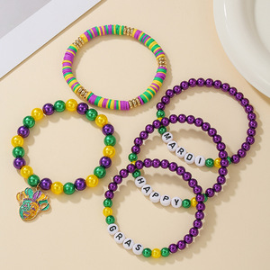Mardi Gras <b>Beaded</b> <b>Bracelet</b> Set Colorful Party Jewelry With Jester Charm Unisex Fashion Accessory - Product Image 2