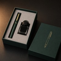 Boîte cadeau pour stylo vert mat, boîte rigide en deux parties, logo en feuille d'or, stylo plume personnalisé, emballage de luxe