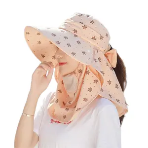 Topi pelindung matahari wanita, musim panas luar ruangan perlindungan matahari topi ember bermotif bernapas leher melindungi matahari