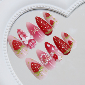 Usine presse sur ongles en gros 24 pièces luxe amande 3D cerise <span class=keywords><strong>faux</strong></span> ongles ABS matériel <span class=keywords><strong>pour</strong></span> doigt - Product Image 3