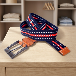 Casual Striped Canvas <b>Belt</b> With <b>Red</b> White Dots Iron Pin Buckle Durable Design For Everyday Wear - Product Image 3