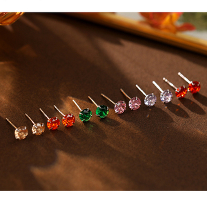 Vente en gros S999 argent 12 zodiaque pierre de naissance clous d'oreille femme soin des oreilles rond coloré zircon cubique coupe CZ boucles d'oreilles - Product Image 2