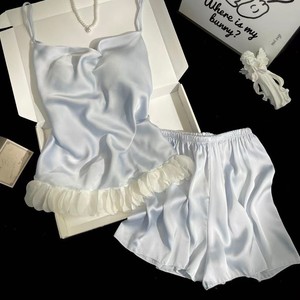 Estate donna <span class=keywords><strong>pigiama</strong></span> in raso <span class=keywords><strong>rosa</strong></span> pantaloncini da ragazza in seta di ghiaccio vestiti per la casa Sexy vestiti per la casa - Product Image 1