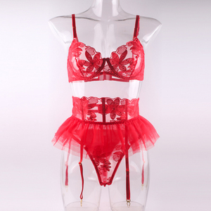 Lingerie sensuelle en maille transparente de <span class=keywords><strong>couleur</strong></span> unie petite jupe soutien-gorge brodé <span class=keywords><strong>porte</strong></span>-jarretelles trois pièces Lingerie Sexy - Product Image 5