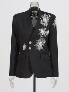 Blazer <span class=keywords><strong>Nero</strong></span> di Lusso da <span class=keywords><strong>Donna</strong></span>, Nuovo Modello Invernale con Diamanti, Elegante Giacca Corta Aderente - Product Image 2