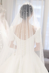 S2937F <span class=keywords><strong>2022</strong></span> haute qualité en gros jolie fête dentelle blanche mariée longue mariage perle voile - Product Image 2