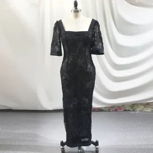 RSE939 Sexy Black See Through Half Sleeves Square Neckline Lace Prom Dresses 2023 Mermaid Party Evening Dress