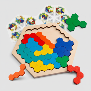 Rompecabezas hexagonal de madera para niños adultos-Bloque de forma Tangram Brain Teaser Toy Geometry Logic IQ Game - Product Image 1