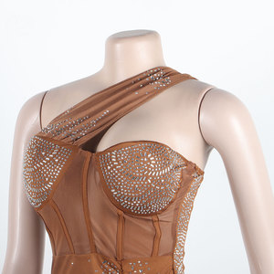 Vestido de malla ajustado con cuentas y un solo hombro, sexy y popular para fiestas y discotecas, para mujer, a la moda, al por mayor - Product Image 5