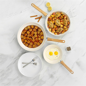 Ensemble de poêles à frire en céramique antiadhésives avec manche en bois, extérieur bleu rond, pour cuisinières à induction et à gaz, lavage à la main uniquement - Product Image 5