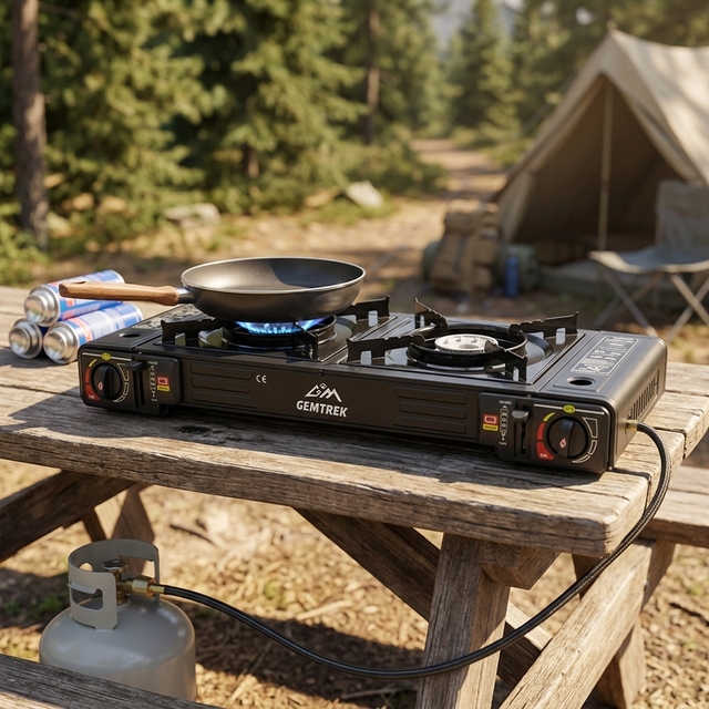 Factory Direct Sale Portable Dual Burner Camping Gas Stove with Cast Iron Surface Electronic Ignition Dual Fuel (LPG/Butane)