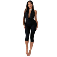 Combinaison Courte Femme Col V Profond Couleur Unie Moulante Halter Extensible pour Soirées et Clubs
