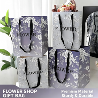 Sacs cadeaux en papier vintage à motifs floraux, sacs d'emballage pour bouquets de fleurs avec poignées en ruban noir