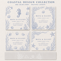 Ensemble d'invitations de mariage sur le thème nautique, motif coquillages et étoiles de mer en ligne artística bleue, papeterie de mariage personnalisée sur le thème côtier et océanique