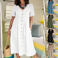 2026 Sommer Damen A-Linien-Kleid, umweltfreundlich, einfarbig, locker geschnitten, Kurzarm, mittellang, V-Ausschnitt, geknöpft, natürliche Taillenlinie