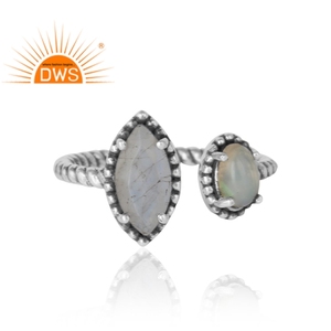 Moonstone and Ethiopian Opal Gemstone Ring Twisted Designer Handmade Silver Oxidized Ring Jewelry Manufacturer - Product Image 2