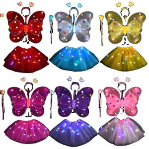 Costume de fée papillon pour filles, 4 pièces, costume de cosplay de princesse, ailes lumineuses, bandeau, accessoires de fête d'Halloween, jaune - Product Image 1