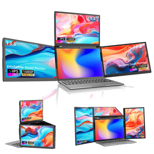 Portable Triple Monitor for Laptop 13.3" FHD TFT IPS Foldable Holder Dual Extended Screen USB Type C Interface for Gaming