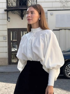 <span class=keywords><strong>Chemisier</strong></span> décontracté <span class=keywords><strong>blanc</strong></span> à col montant et manches larges, style français élégant, boutonné, pour femme, style cour, à manches longues, idéal pour l'été - Product Image 1